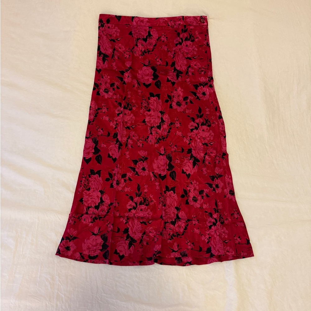 Rouje Red Floral Midi Skirt with Black Accents